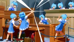  6+girls alternate_hairstyle antinoya arch ascot bird birdcage blouse blue_bow blue_dress blue_eyes blue_hair book bow box brown_footwear cage camera circled_9 cirno closed_mouth coin courtroom desk_slam dress english_commentary folder full_body gavel glint gyakuten_saiban hair_between_eyes hairbow highres ice ice_wings kangaroo metal_detector multiple_girls open_mouth paper parody parrot pinafore_dress podium pole polly_(ace_attorney) puffy_short_sleeves puffy_sleeves red_ribbon ribbon rope safe_(container) shirt shoes short_hair short_sleeves sleeveless sleeveless_dress smile socks standing standing_on_desk surprised tile_floor tiles touhou upper_body vial white_ascot white_legwear white_shirt wig wing_collar wings 