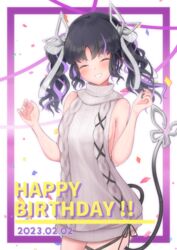  absurdres aran_sweater black_hair black_ribbon blush breasts cable_knit closed_eyes commentary_request confetti cowboy_shot dated demon_girl demon_horns demon_tail dress female grey_sweater grin happy_birthday highres horns kojo_anna kojo_anna_(3rd_costume) leg_ribbon long_hair medium_breasts meme_attire multicolored_hair nanashi_inc. official_alternate_costume pointy_ears purple_hair ribbed_sweater ribbon robou_no_stone sideboob smile solo sweater sweater_dress tail turtleneck turtleneck_sweater twintails two-tone_hair virgin_killer_sweater virtual_youtuber 