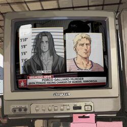  2boys alternate_universe blonde_hair breaking_news character_name commentary english_commentary english_text eren_yeager facial_hair height highres male_focus medium_hair mugshot multiple_boys news photo_(object) portrait portrait_(object) reiner_braun shingeki_no_kyojin short_hair stubble television thisuserisalive 