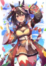  animal_ears black_hair black_skirt black_thighhighs blush breasts cleavage_cutout clothing_cutout cowboy_shot detached_sleeves female hair_between_eyes highres homaderi horse_ears horse_girl horse_tail kitasan_black_(umamusume) kouhaku_nawa medium_breasts open_mouth pleated_skirt red_eyes rope shimenawa short_hair skirt solo tail thighhighs umamusume white_hair 