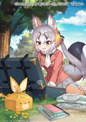  :3 animal_ear_fluff animal_ears black_shirt blush collared_shirt commentary_request day extra_ears female folded_clothes fox_ears fox_girl fox_tail furoshiki grey_hair grey_pantyhose grey_skirt island_fox_(kemono_friends) jacket kemono_friends kemono_friends_3 long_sleeves luggage multicolored_hair nature necktie notebook official_art open_mouth orange_eyes orange_hair orange_jacket orange_pantyhose outdoors pantyhose pencil pleated_skirt sacanahen shirt skirt solo sparkle suitcase tail translated twintails two-tone_hair two-tone_legwear white_necktie 