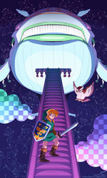  belt boots cloud crazy_tracy dr._wright facial_hair flower fukuro_(zelda) ghost ghost_by_the_bay_(link&#039;s_awakening) green_headwear hair_flower hair_ornament highres hylian_shield kaeru_no_tame_ni_kane_wa_naru kiki_(zelda) letitmelo link madame_nyan_nyan manbo_(zelda) marin_(zelda) moustache mushroom music orange_hair prince_richard_(kaeru_no_tame_ni_kane_wa_naru) shield sidelocks singing smile stairs standing sword tarin the_legend_of_zelda the_legend_of_zelda:_link&#039;s_awakening twitter_username wart_(mario) watermark weapon web_address whale wind_fish 