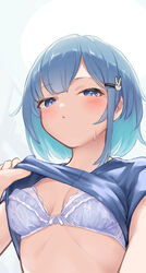  blue_bra blue_eyes blue_hair blue_shirt blush bra breasts cleavage clothes_lift female frilled_bra frills from_below hair_ornament hairclip highres kijibato_123-gou lifting_own_clothes looking_at_viewer looking_down medium_breasts original parted_lips rabbit_hair_ornament shirt shirt_lift short_hair short_sleeves solo sweatdrop underwear upper_body 