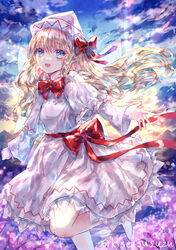  bad_id bad_pixiv_id blonde_hair blue_eyes blush bow capelet cherry_blossoms commentary dress fairy fairy_wings female foot_out_of_frame hair_between_eyes hat highres lily_white long_hair long_sleeves open_mouth red_bow smile solo suzushina touhou twitter_username white_capelet white_dress white_hat wings 