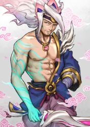  1boy abs absurdres beard clothing_request cloud_print collarbone facial_hair gradient_background grey_hair highres holding holding_sword holding_weapon jewelry league_of_legends long_hair long_sleeves male_focus necklace official_alternate_costume pants ponytail single_bare_shoulder solo spirit_blossom_yasuo sword weapon wei_miao yasuo_(league_of_legends) 