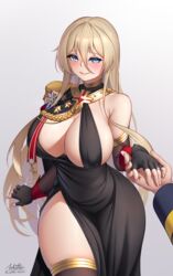  1boy absurdres aiguillette azur_lane bismarck_(azur_lane) bismarck_(beacon_of_the_iron_blood)_(azur_lane) bismarck_(coat_of_arms) black_cape black_dress black_gloves black_jacket blonde_hair blue_eyes blush breasts cape cleavage closed_mouth coat_of_arms commander_(azur_lane) commentary cowboy_shot cross dated dress elbow_gloves english_commentary epaulettes evening_gown female fingerless_gloves glint gloves hair_between_eyes highres holding_hands huge_breasts iron_blood_(emblem) iron_cross jacket jewelry long_hair long_sleeves looking_at_viewer medal official_alternate_costume out_of_frame pov pov_hands ring side_cape sideboob sidelocks signature simple_background single_bare_shoulder single_epaulette skindentation smile solo_focus standing thighhighs twitter_username veins veiny_breasts wedding_ring white_background whitter 