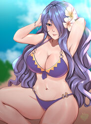  armpits bikini blurry blurry_background breasts camilla_(fire_emblem) camilla_(summer)_(fire_emblem) cleavage english_commentary female fire_emblem fire_emblem_fates fire_emblem_heroes flower hair_flower hair_ornament hair_over_one_eye highres large_breasts long_hair looking_at_viewer navel official_alternate_costume parted_lips purple_bikini purple_eyes purple_hair rinku_bny solo swimsuit 