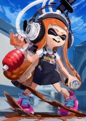  :d ^_^ absurdres apron badge bike_shorts black_apron blue_sky button_badge can chamu_(chammkue) closed_eyes cloud day female goo_tuber_(splatoon) headphones highres holding holding_can ink_tank_(splatoon) inkling inkling_girl inkling_player_character legs_apart long_hair open_mouth orange_hair outdoors paint pen pigeon-toed pink_footwear pocket safety_pin shirt shoelaces shoes short_sleeves sky smile smiley_face sneakers solo splatoon_(series) splatoon_2 standing suction_cups t-shirt teeth tentacle_hair twitter_username very_long_hair white_shirt 