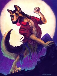  3:4 anthro black_nose bottomwear brown_body brown_fur canid canine canis clothing domestic_dog dragonsica fur german_shepherd herding_dog looking_at_viewer male mammal moon night outside pants pastoral_dog smile solo tongue tongue_out torn_clothing transformation were 