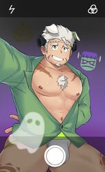  1boy abs absurdres animal_ears ass bara bare_pectorals blush body_fur bulge chest_hair cosplay cowboy_shot dog_boy dog_ears edging_underwear facial_hair frankenstein&#039;s_monster frankenstein&#039;s_monster_(cosplay) goatee gomeisa_(live_a_hero) green_eyes green_male_underwear grey_hair grin halloween halloween_costume highres jockstrap large_pectorals live_a_hero long_sideburns looking_at_viewer male_focus male_underwear md5_mismatch muscular muscular_male nanman_shi navel nipples no_pants pectorals selfie short_hair sideburns smile solo tattoo thick_thighs thighs tribal_tattoo underwear white_male_underwear 