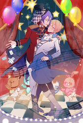  2boys balloon blonde_hair card commentary_request curtains dancing formal hat highres kamishiro_rui male_focus manami_(aph-23) multiple_boys official_alternate_costume project_sekai purple_hair short_hair stuffed_animal stuffed_toy tailcoat tenma_tsukasa yaoi zenryoku!_wonder_halloween!_(project_sekai) 