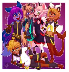  2019 alternative_fashion anthro belt blue_eyes border calico_cat canid canine canis clothed clothing cosplay cougar domestic_cat felid feline felis female fur green_eyes group hair hatsune_miku j-fashion jenny_(ajdurai) kagamine_len kagamine_rin lee_(ajdurai) looking_at_viewer mammal megurine_luka mottled mustelid otter piebald sarah_(nb) selene_blackcat sicmop sierra_(pumapaws) teeth teto_kasane tongue tongue_out vocaloid white_border wolf young young_anthro 