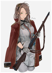  artist_name battle_rifle blush bolt_action breasts commentary_request commission eyewear_on_head feet_out_of_frame female girls&#039;_frontline gloves green_eyes gun hairband highres holding holding_gun holding_weapon jacket jacket_on_shoulders lee-enfield lee-enfield_(girls&#039;_frontline) light_brown_hair long_hair looking_at_viewer monocle open_mouth red_jacket rifle skeb_commission solo standing sutekina_awa weapon white_background white_gloves white_uniform 