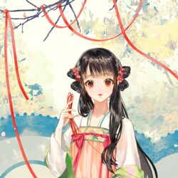  black_hair branch chinese_clothes chinese_commentary closed_mouth commentary female flower hair_flower hair_ornament hair_over_shoulder hanfu long_hair long_sleeves looking_at_viewer mizura original qixiong_ruqun red_eyes red_flower red_ribbon ribbon say_hana shuangyaji smile solo twintails upper_body very_long_hair 