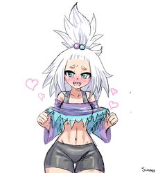  absurdres bike_shorts blush bra_strap clothes_lift commission dress dress_lift female heart highres lifting_own_clothes midriff pokemon pokemon_bw2 roxie_(pokemon) sharp_teeth simmsy solo stomach striped_clothes striped_dress teeth thighs topknot white_hair 