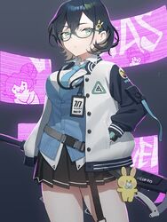  assault_rifle belt black_hair black_skirt blue_archive blue_eyes blue_shirt breasts chihiro_(blue_archive) closed_mouth collared_shirt cowboy_shot female glasses gun hair_ornament hairclip highres hoyhoy_colo id_card jacket large_breasts long_sleeves looking_at_viewer maki_(blue_archive) multicolored_hair necktie open_clothes open_jacket pleated_skirt rifle school_uniform shirt short_hair skirt solo thighs weapon 