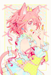  animal_ears cat_ears cat_girl commentary_request dress female hair_ornament hair_ribbon kaze-hime lipstick makeup open_mouth original photoshop_(medium) pink_eyes pink_hair ribbon short_hair tail 