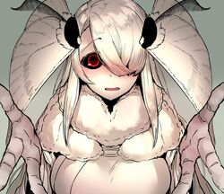  arthropod_girl black_sclera blush breasts colored_sclera colored_skin commission embarrassed female fewer_digits fur_collar grey_kimono hair_over_one_eye indie_virtual_youtuber insect_wings japanese_clothes kimono large_breasts looking_at_viewer moth_girl moth_wings one_eye_covered open_mouth reaching reaching_towards_viewer red_eyes shina_tsukishiro skeb_commission solo solopipb upper_body virtual_youtuber white_skin wide-eyed wings 