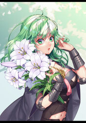  ahoge alternate_hair_color armor black_armor black_cape black_shirt black_shorts breasts byleth_(female)_(fire_emblem) byleth_(fire_emblem) cape cleavage clothing_cutout commentary_request elbow_pads enlightened_byleth_(female) female fire_emblem fire_emblem:_three_houses flower green_background green_eyes green_hair groin hair_between_eyes hand_up highres holding holding_flower holding_own_hair large_breasts letterboxed lily_(flower) long_hair looking_at_viewer navel navel_cutout parted_lips shirt shorts sidelocks solo standing suzuhiro upper_body vambraces white_lily 