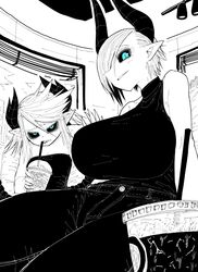  2girls alternate_costume bare_shoulders black_horns black_pants black_sclera blue_eyes border breasts chair colored_sclera cup demon_horns demon_wings denim dolores_(mazohaha) drink drinking_straw drinking_straw_in_mouth highres horns huge_breasts jeans lights limited_palette long_hair looking_at_viewer multiple_girls musuko_ga_kawaikute_shikatanai_mazoku_no_hahaoya official_alternate_costume pants pointy_ears sharp_teeth short_hair siblings sisters sitting smile strapless teeth teresa_(mazohaha) tube_top vase window wings zyugoya 