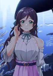  aqua_eyes aquarium belt breasts closed_mouth cowboy_shot detached_sleeves earrings female frilled_shirt_collar frilled_sleeves frills hair_down hair_ribbon hand_in_own_hair high-waist_skirt high_collar highres jewelry large_breasts light_blush lipstick long_hair looking_at_viewer love_live! love_live!_school_idol_festival_all_stars love_live!_school_idol_project makeup neck_ribbon parted_bangs purple_hair purple_skirt ribbed_shirt ribbon sano_souichi shirt skirt sleeveless smile solo tareme tojo_nozomi white_shirt white_sleeves 