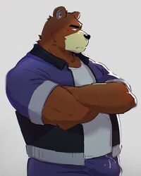  2022 anthro bear black_nose bottomwear brown_body clothing hi_res juuichi_mikazuki kemono male mammal morenatsu nekodon_san overweight overweight_male pants shirt simple_background solo topwear 