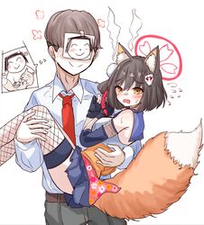  1boy absurdres animal_ear_fluff animal_ears bare_shoulders black_gloves black_hair black_pants blue_archive blue_sailor_collar blue_skirt blush breasts brown_eyes carrying collared_shirt commentary_request doodle_sensei_(blue_archive) female fishnet_thighhighs fishnets flying_sweatdrops fox_ears fox_girl fox_hair_ornament fox_tail gloves hair_between_eyes halo highres izuna_(blue_archive) medium_breasts necktie oerba_yun_fang open_mouth pants partially_fingerless_gloves peroronti pink_halo pleated_skirt princess_carry red_necktie sailor_collar sensei_(blue_archive) shirt short_hair simple_background skirt sleeveless sleeveless_shirt tail thighhighs wavy_mouth white_background white_shirt 