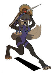  action_pose anthro blue_eyes canid canine canis claws clothed clothing dagger digital_drawing_(artwork) digital_media_(artwork) female flat_colors gloves gompami handwear hi_res hood mammal melee_weapon open_mouth oriana_thaffer pose shield simple_background solo stirrup_legwear three-quarter_view toe_claws twintails weapon white_background wolf 