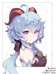  ahoge artist_name bare_shoulders blue_eyes blue_hair border breasts character_name chinese_clothes closed_mouth female ganyu_(genshin_impact) genshin_impact horns lenn_sparrow long_hair looking_at_viewer ponytail simple_background smile solo upper_body white_background white_border 