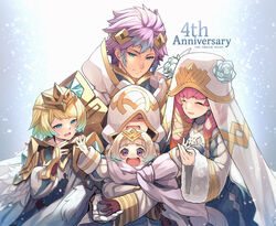  1boy 1other 3girls anniversary armor blonde_hair blue_hair blunt_bangs blush braid brother_and_sister brown_gloves carrying carrying_person closed_mouth commentary_request copyright_name dress earrings english_text feather_trim fire_emblem fire_emblem_heroes fjorm_(fire_emblem) flower fur_trim gloves gradient_hair gunnthra_(fire_emblem) hair_between_eyes hair_ornament hat highres hood hood_up hooded_robe hrid_(fire_emblem) jewelry kiran_(fire_emblem) long_hair long_sleeves looking_at_another looking_at_viewer looking_down looking_to_the_side multicolored_hair multiple_girls nakabayashi_zun open_mouth pink_hair purple_eyes purple_hair robe rose short_hair shoulder_armor siblings simple_background sisters smile snow snowing tiara two-tone_hair veil white_flower white_gloves white_hair white_headwear white_robe white_rose wide_sleeves ylgr_(fire_emblem) 