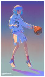  1other absurdres ball basketball basketball_(object) blue_eyes blue_hair character_request commentary english_commentary english_text full_body highres hood hoodie joel_embiid kenharu legs looking_down national_basketball_association night night_sky nike_(company) open_mouth original philadelphia_76ers red_socks shadow shoes short_hair sidelocks sky sneakers socks solo sportswear standing star_(sky) sweater twitter_username under_armour white_footwear white_hoodie white_sweater 