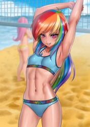  2girls absurdres armpits arms_up ball bare_arms beach beachball bikini blue_bikini blue_hair blurry blurry_background breasts collarbone day fluttershy_(mlp) green_hair groin highres long_hair looking_at_viewer multicolored_hair multiple_girls my_little_pony my_little_pony:_friendship_is_magic navel ocean orange_hair outdoors personification purple_hair racoon-kun rainbow_dash_(mlp) rainbow_hair red_hair shiny_skin small_breasts solo_focus sports_bikini straight_hair stretching swimsuit very_long_hair volleyball_net 