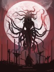  1boy alien bloodborne cape cloud copyright_name cross eldritch_abomination english_text facing_another facing_away from_behind gehrman_the_first_hunter hat highres holding holding_scythe monster moon moon_presence_(bloodborne) red_moon red_sky scythe sky tentacle tripdancer weapon wings 