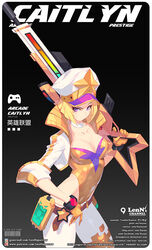  arcade_caitlyn artist_name belt beret black_background blonde_hair bob_cut breasts caitlyn_(league_of_legends) character_name choker cleavage closed_mouth female gloves gun hat holding holding_gun holding_weapon jacket league_of_legends lenn_sparrow leotard looking_at_viewer medium_hair pants purple_eyes rifle sniper_rifle solo weapon white_choker white_hat white_jacket white_pants yellow_gloves yellow_leotard 