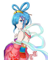  alternate_costume alternate_hairstyle bare_shoulders blue_eyes blue_hair breasts chang&#039;e chinese_clothes chinese_commentary chinese_text commentary_request detached_sleeves dress earrings female flower_knot frilled_sleeves frills hagoromo hair_ornament hand_up highres jewelry looking_at_viewer medium_breasts mid-autumn_festival pink_dress pink_sleeves re:zero_kara_hajimeru_isekai_seikatsu rem_(re:zero) shawl short_hair simple_background solo translated wei_miao white_background x_hair_ornament 