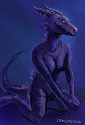  blue_background breasts dragon dragonsica female human kneeling looking_at_viewer mammal mythological_creature mythological_scalie mythology on_ground purple_body restricted_palette scalie simple_background solo tail transformation wingless_dragon 