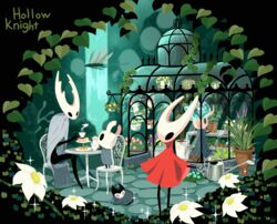  4others arizuka_(catacombe) broken_vessel_(hollow_knight) chair cloak closed_eyes copyright_name female flower food greenhouse grimmchild hollow_knight hollow_knight_(character) hornet_(hollow_knight) knight_(hollow_knight) lily_pad multiple_others no_humans plant potted_plant purple_flower red_cloak sitting sleeping sparkle standing table watering_can white_cloak white_flower wings 