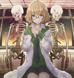  bad_id bad_pixiv_id blonde_hair blue_eyes commentary female glasses grin heterochromia indoors kei_(k_tmr) lab_coat looking_at_viewer necktie original pleated_skirt purple_eyes school_uniform short_hair sitting skeleton skirt smile solo window 