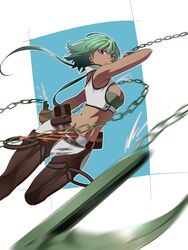  armpits bad_id bad_pixiv_id bare_shoulders belt boots breasts chains cleavage crop_top dark-skinned_female dark_skin emerald_sustrai female green_hair highres kurohane medium_breasts midriff navel red_eyes rwby short_hair_with_long_locks solo suspenders weapon 