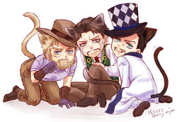  3boys animal_ears bad_id bad_pixiv_id cat_ears cat_tail chibi daniel_j._d&#039;arby extra_ears hat jojo_no_kimyou_na_bouken joseph_joestar joseph_joestar_(old) kemonomimi_mode male_focus miyabi_(run) multiple_boys paw_pose phantom_blood stardust_crusaders tail top_hat will_anthonio_zeppeli 