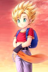  alternate_universe backpack bad_id bad_pixiv_id bag bandana blonde_hair crop_top dragon_ball dragon_ball_gt female fingerless_gloves flat_chest gloves green_eyes highres komimiyako long_hair midriff pan_(dragon_ball) smile solo spiked_hair super_saiyan super_saiyan_1 unworn_bandana 