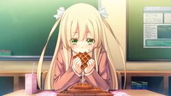  blonde_hair blush food game_cg green_eyes innocent_bullet long_hair oosaki_shinya seifuku twintails yasouji_ai 