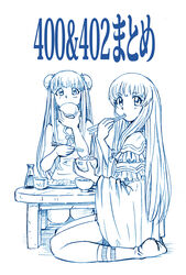  2girls aoki_hagane_no_arpeggio bbb_(friskuser) blue_theme bowl bun_cover chinese_clothes chopsticks commentary_request double_bun dumpling eating food hair_bun holding holding_chopsticks i-400_(aoki_hagane_no_arpeggio) i-402_(aoki_hagane_no_arpeggio) long_hair monochrome multiple_girls photoshop_(medium) rice_bowl shawl siblings simple_background single_hair_bun sisters socks table twins white_background 