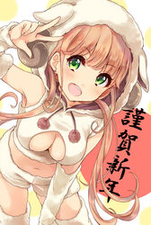  animal_hood arm_warmers boots breasts brown_hair cleavage cleavage_cutout clothing_cutout commentary_request earrings female fur_boots green_eyes happy_new_year hood jewelry kanzume_shima looking_at_viewer midriff new_year open_mouth original partial_commentary pom_pom_(clothes) sheep_hood shorts solo w white_shorts 