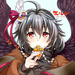  ahoge artist_name black_hair black_wings character_name commentary_request covering_own_mouth cross cross_necklace eln_(sennen_sensou_aigis) female jewelry lowres miniru necklace red_eyes sennen_sensou_aigis solo upper_body winged_hair_ornament wings 