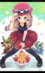  adjusting_clothes adjusting_headwear black_thighhighs blonde_hair blue_eyes blush bracelet chespin commentary_request eyewear_on_head female fennekin froakie full_body hat jewelry letterboxed long_hair pleated_skirt pokemon pokemon_(creature) pokemon_xy roamo serena_(pokemon) shirt skirt sleeveless sleeveless_shirt starter_pokemon_trio sunglasses thighhighs 