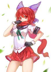  alternate_costume bad_id bad_pixiv_id black_gloves blush bobomaster bow breasts cape commentary_request female gloves hairbow hand_on_own_hip leaf medium_breasts photoshop_(medium) red_eyes red_hair scarf school_uniform sekibanki serafuku short_hair simple_background skirt solo touhou white_background wind 