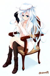  bad_id bad_pixiv_id boots chair cross-laced_footwear crossed_legs female full_body gloves grey_hair hat hibiki_(kancolle) kantai_collection long_hair minari_(minari37) open_clothes open_mouth open_shirt shirt simple_background single_thighhigh sitting solo thighhighs verniy_(kancolle) white_background white_hair 