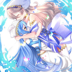  2girls aged_down aqua_hair azura_(fire_emblem) azura_(young)_(fire_emblem) blush bug butterfly choker closed_eyes closed_mouth commentary_request corrin_(female)_(adrift)_(fire_emblem) corrin_(female)_(fire_emblem) corrin_(fire_emblem) dress fire_emblem fire_emblem_fates fire_emblem_heroes from_side hand_on_another&#039;s_head hug long_hair multiple_girls pants pointy_ears rojiura-cat white_hair yellow_eyes 