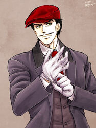  1boy adjusting_clothes adjusting_gloves bad_id bad_pixiv_id cabbie_hat facial_hair gloves hat jojo_no_kimyou_na_bouken male_focus miyabi_(run) moustache phantom_blood solo will_anthonio_zeppeli 